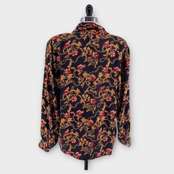 Vintage Silk Blouse Black Gold Key Baroque Chain Floral Print Top Saks 12 - Picture 3 of 14